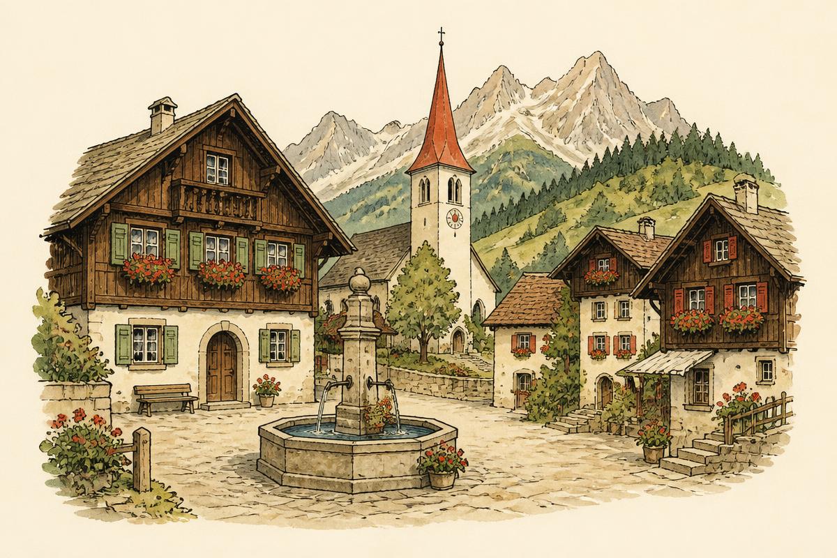 Gezeichneter Schweizer Dorfplatz mit Brunnen, Chalets und Kirchturm