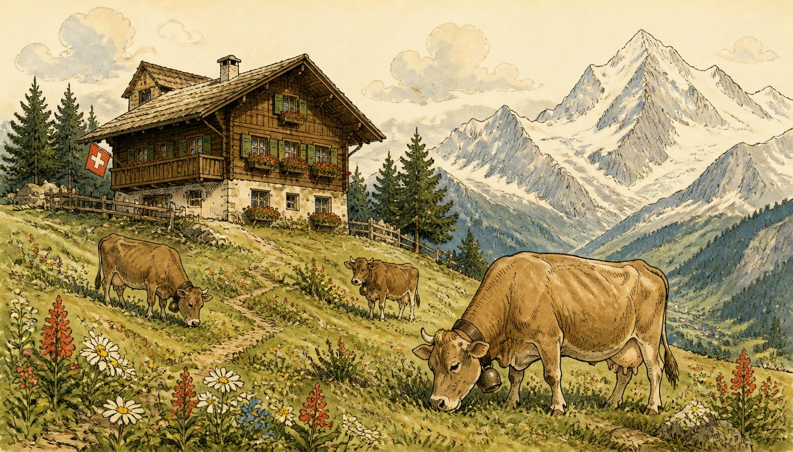 Gezeichnetes Schweizer Chalet auf einer Alpwiese mit Kühen und schneebedeckten Bergen